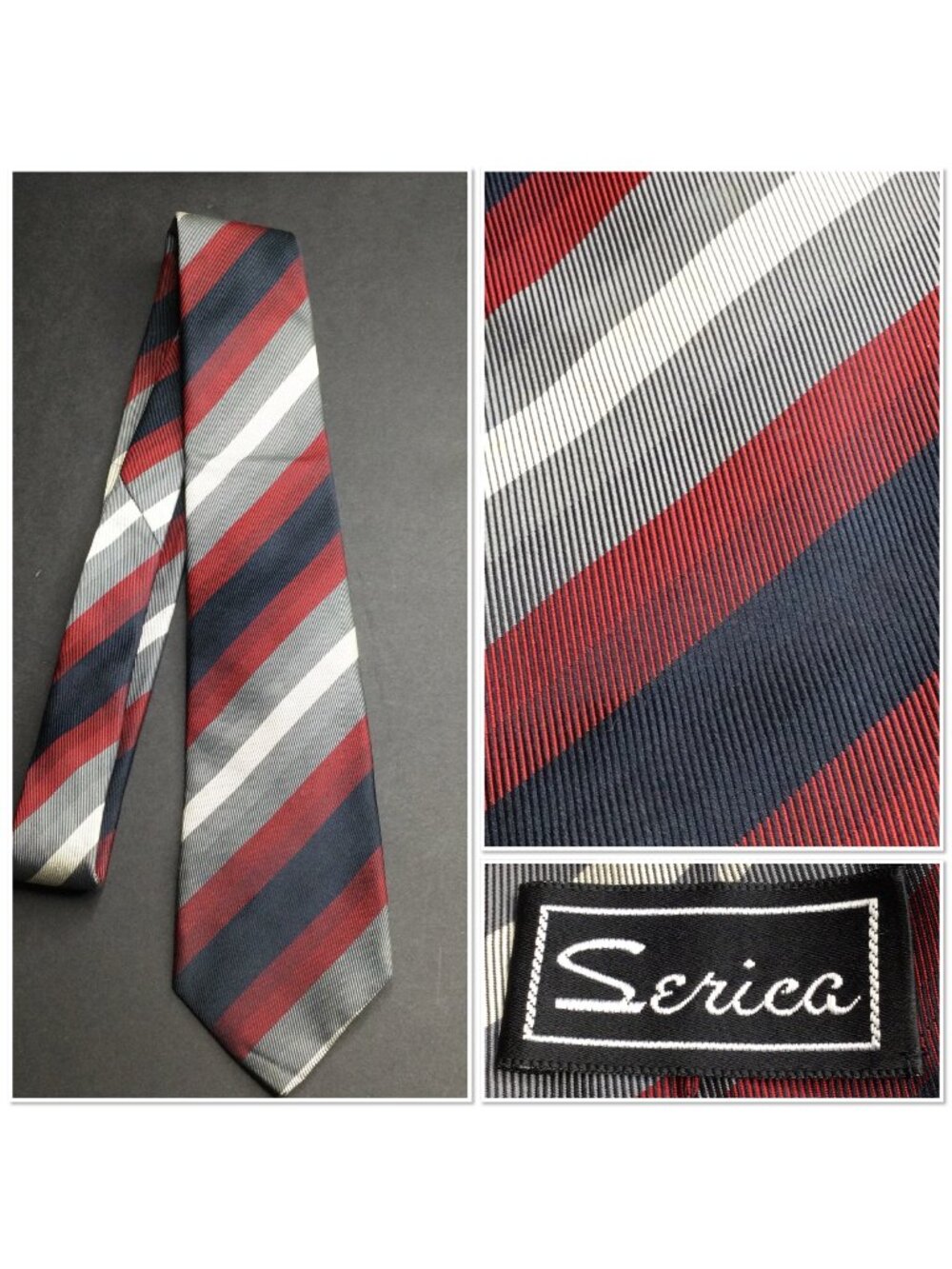 Vintage Serica Mens Silk Striped Repp Tie Red Navy Gray Diagonal Office Preppy